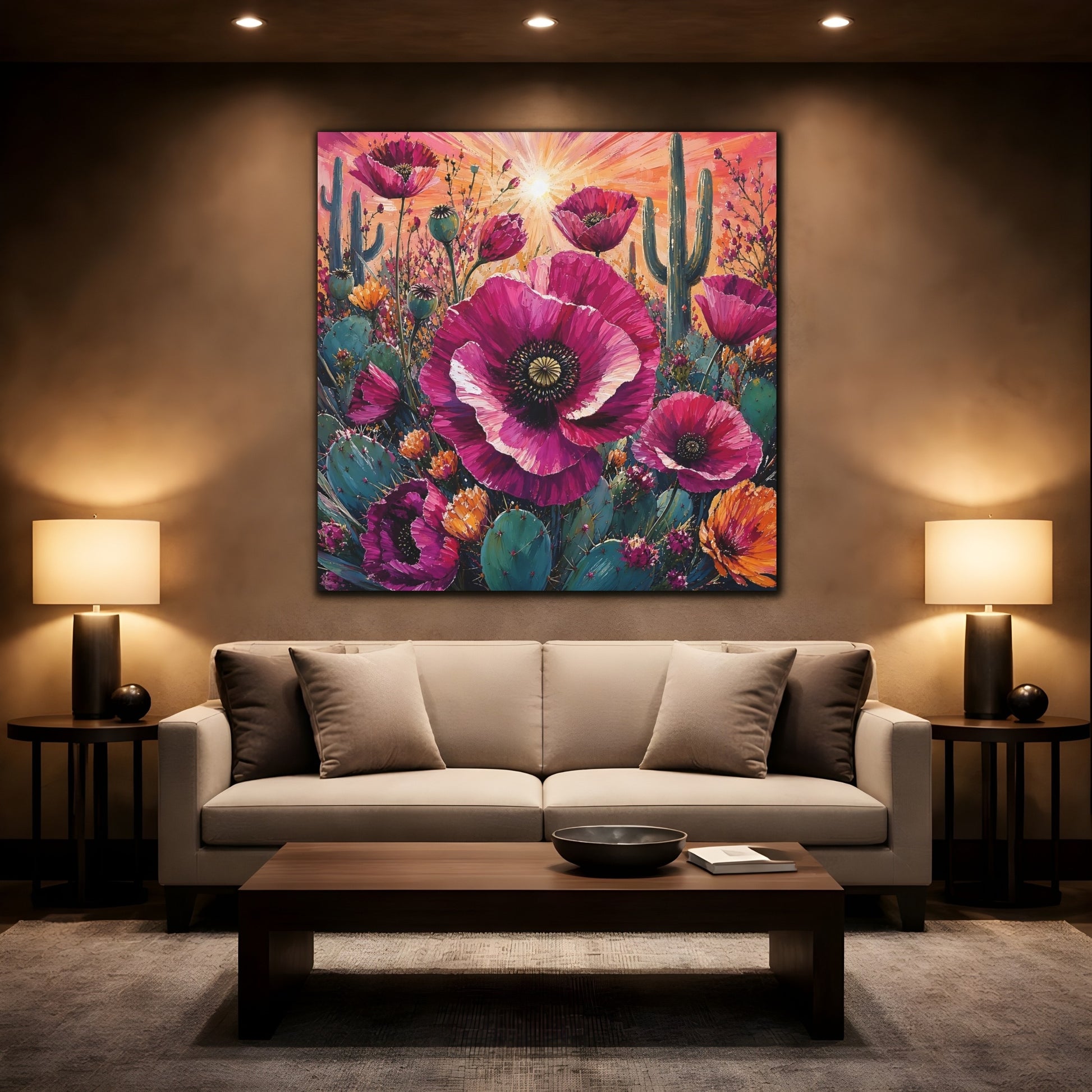 Mockup 2. Nature Desert Poppies Pink Desert Floral shown as stretched canvas wall art