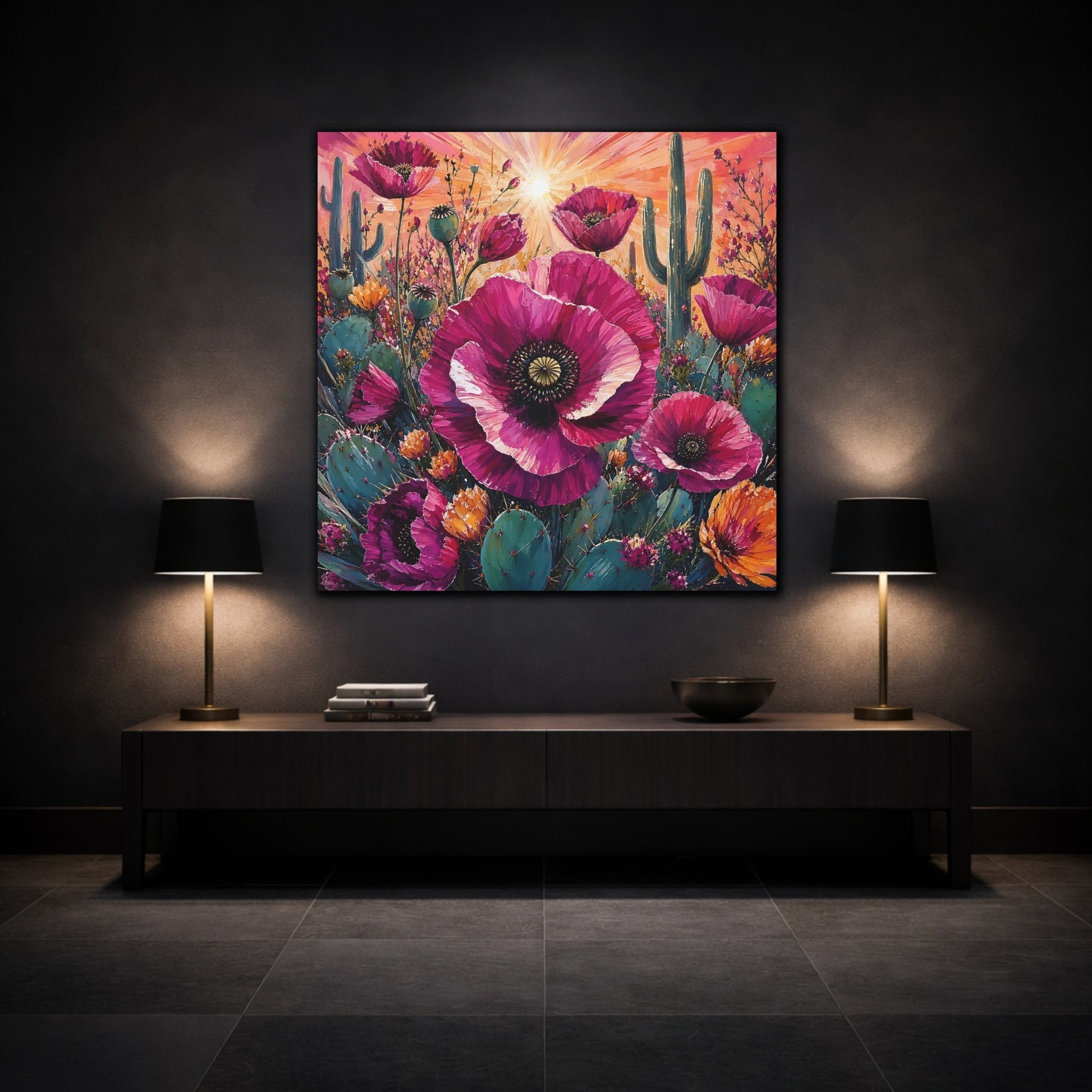 Mockup 3. Nature Desert Poppies Pink Desert Floral shown as stretched canvas wall art
