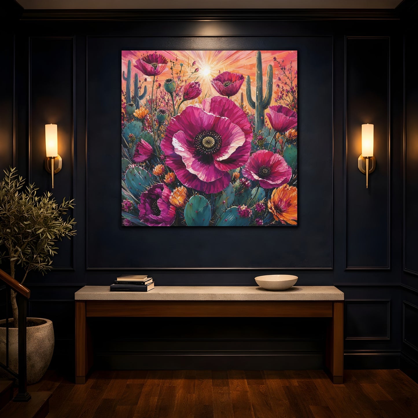 Mockup 4. Nature Desert Poppies Pink Desert Floral shown as stretched canvas wall art