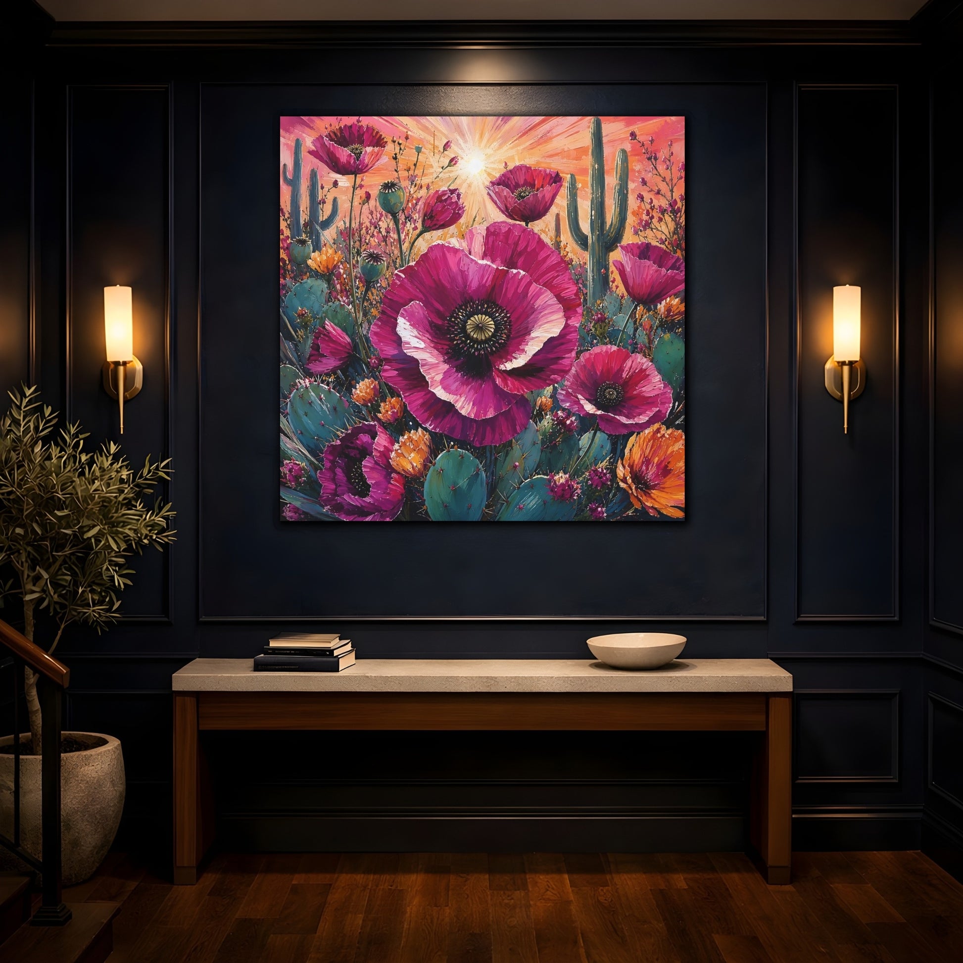Mockup 4. Nature Desert Poppies Pink Desert Floral shown as stretched canvas wall art