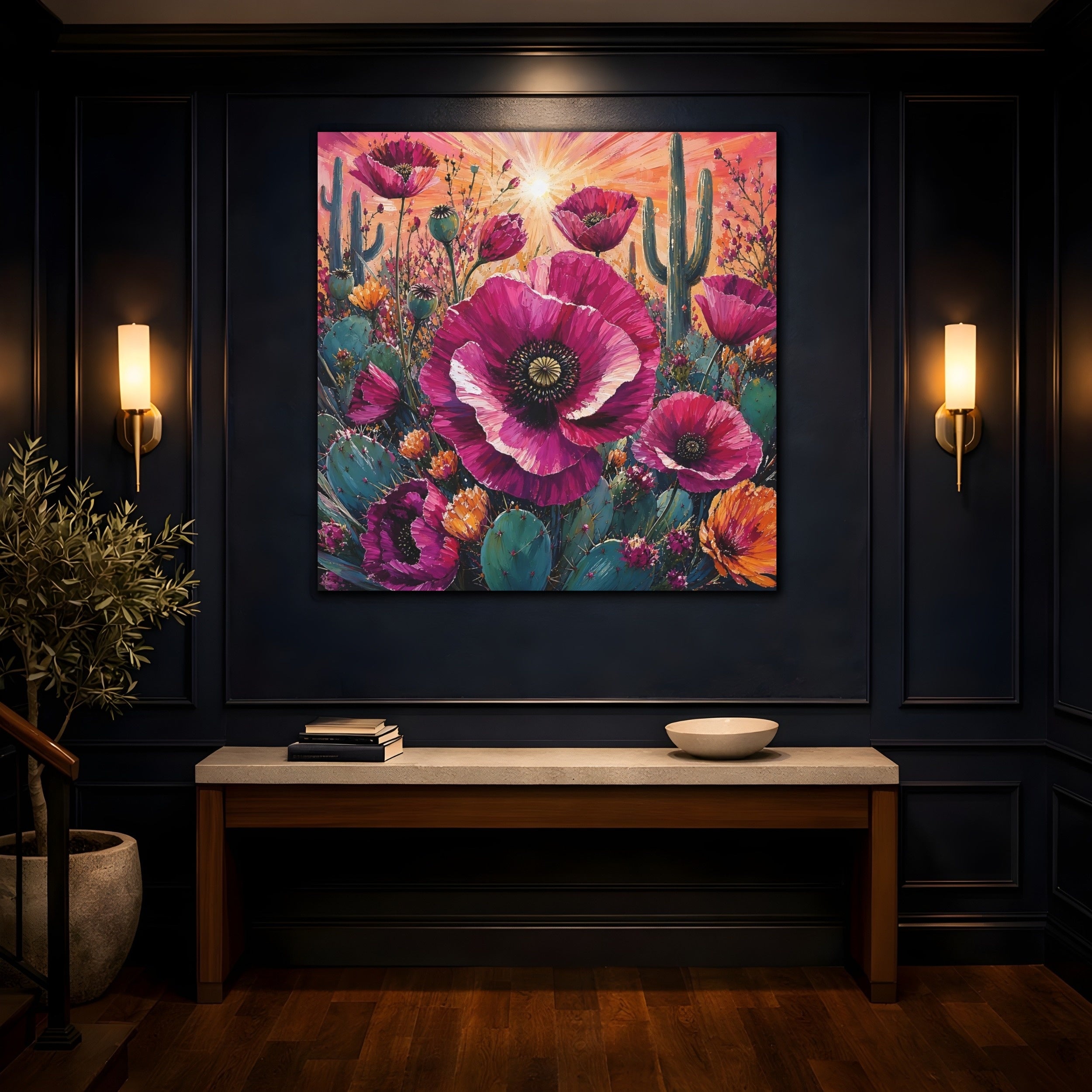 Mockup 4. Nature Desert Poppies Pink Desert Floral shown as stretched canvas wall art