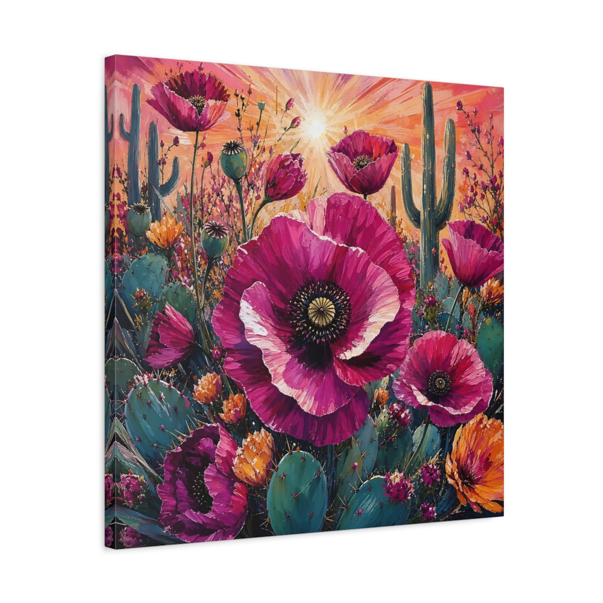 Side Mockup 4. Nature Desert Poppies Pink Desert Floral shown as stretched canvas wall art