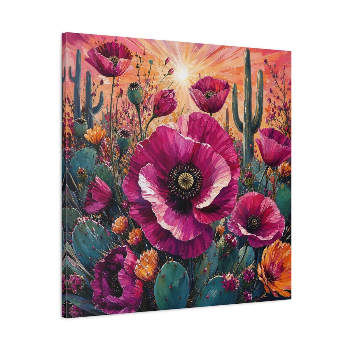 Side Mockup 3. Nature Desert Poppies Pink Desert Floral shown as stretched canvas wall art
