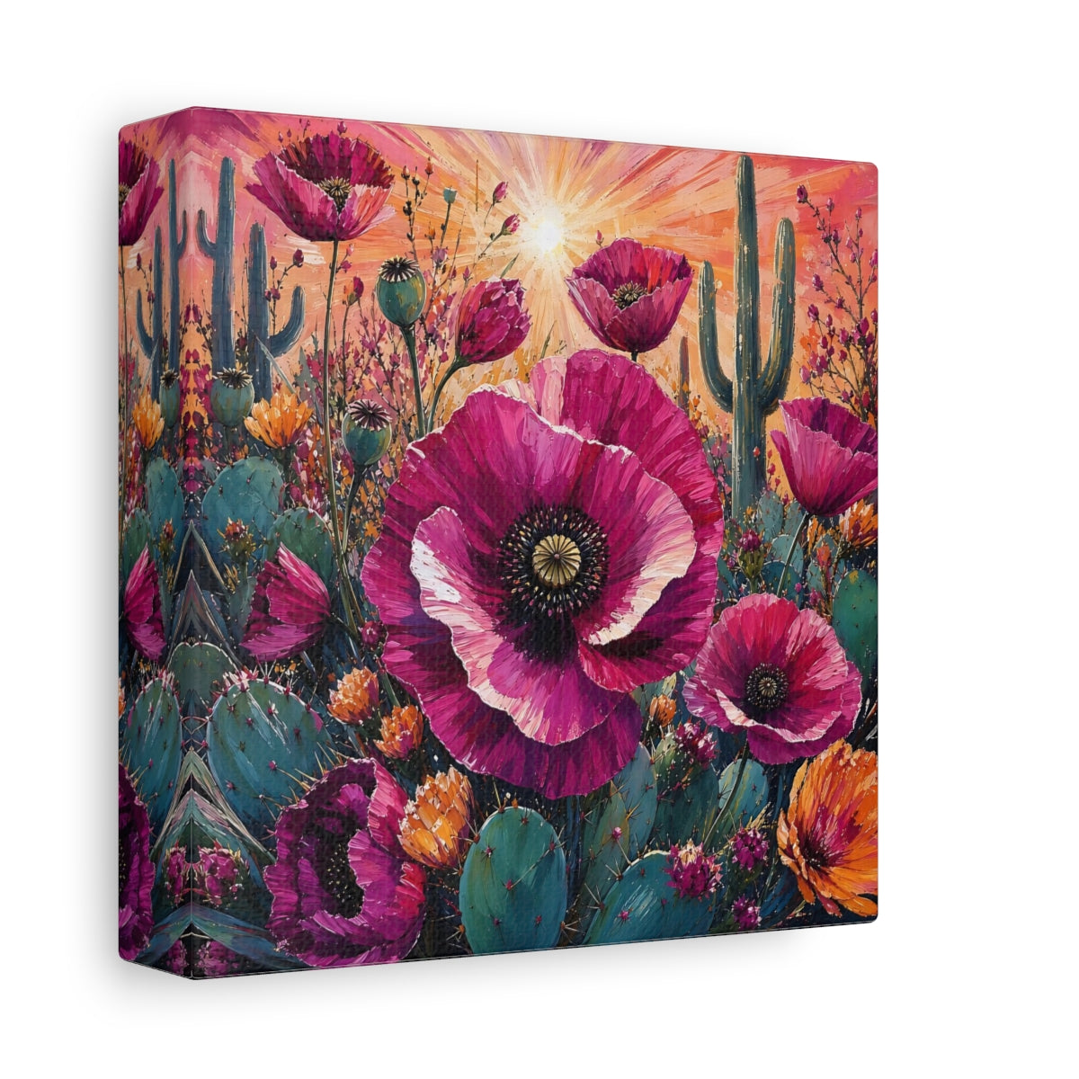 Side Mockup 2. Nature Desert Poppies Pink Desert Floral shown as stretched canvas wall art