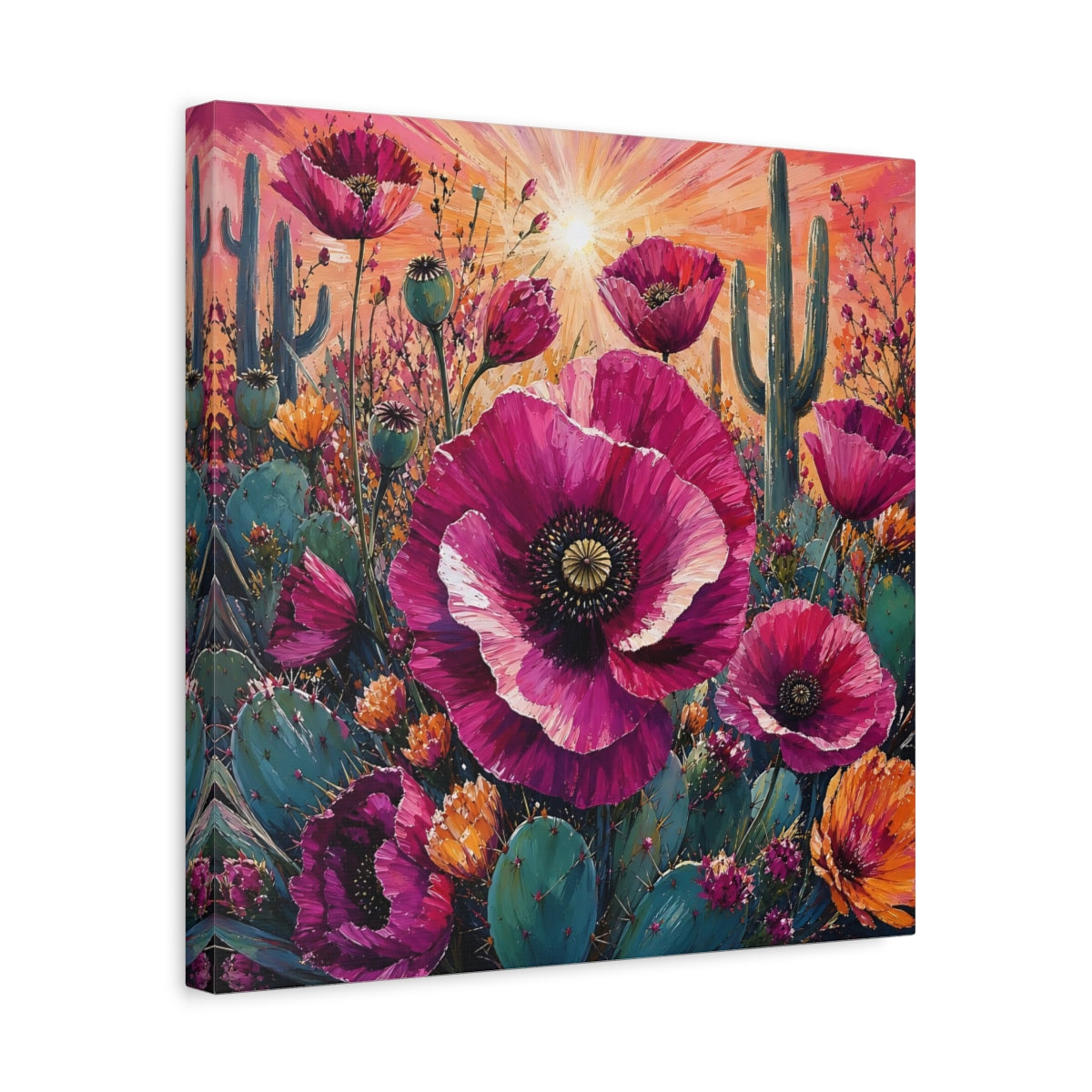 Side Mockup 6. Nature Desert Poppies Pink Desert Floral shown as stretched canvas wall art