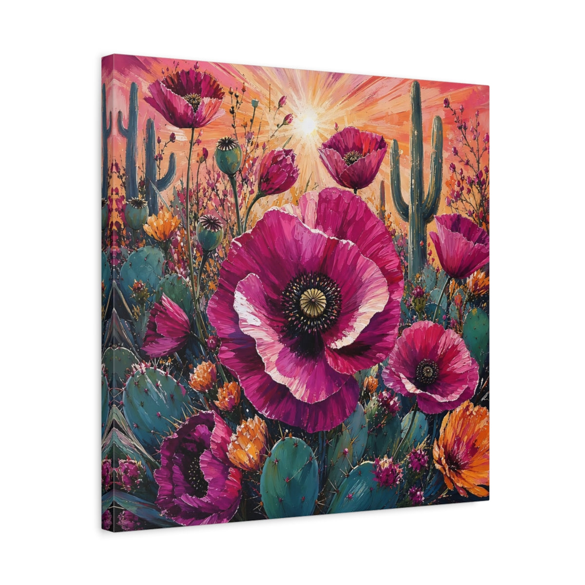 Side Mockup 5. Nature Desert Poppies Pink Desert Floral shown as stretched canvas wall art