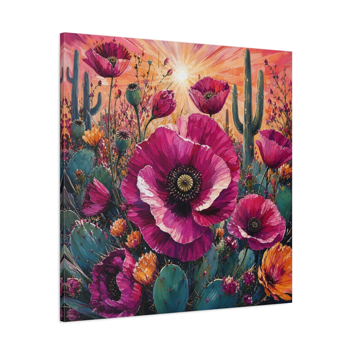 Side Mockup 1. Nature Desert Poppies Pink Desert Floral shown as stretched canvas wall art
