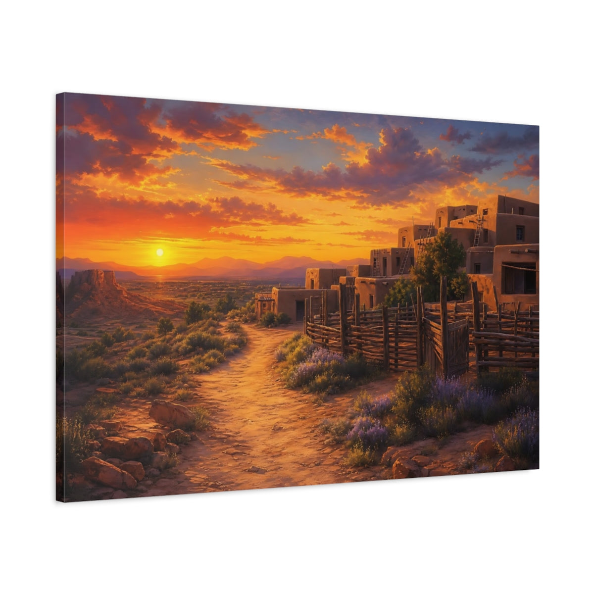 Main Mockup. Nature Desert Pueblo Southwest Sunset shown as stretched canvas wall art