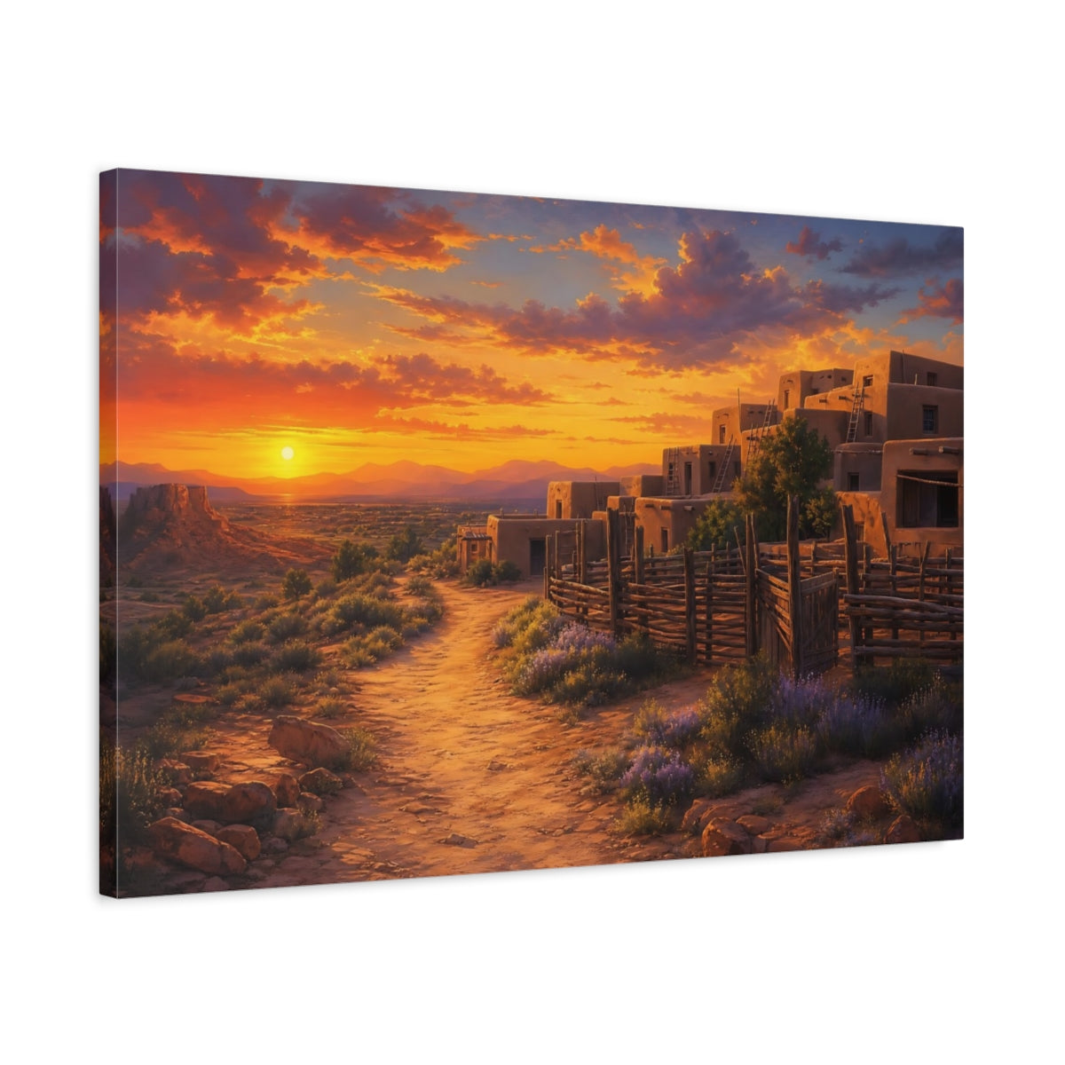 Side Mockup 2. Nature Desert Pueblo Southwest Sunset shown as stretched canvas wall art
