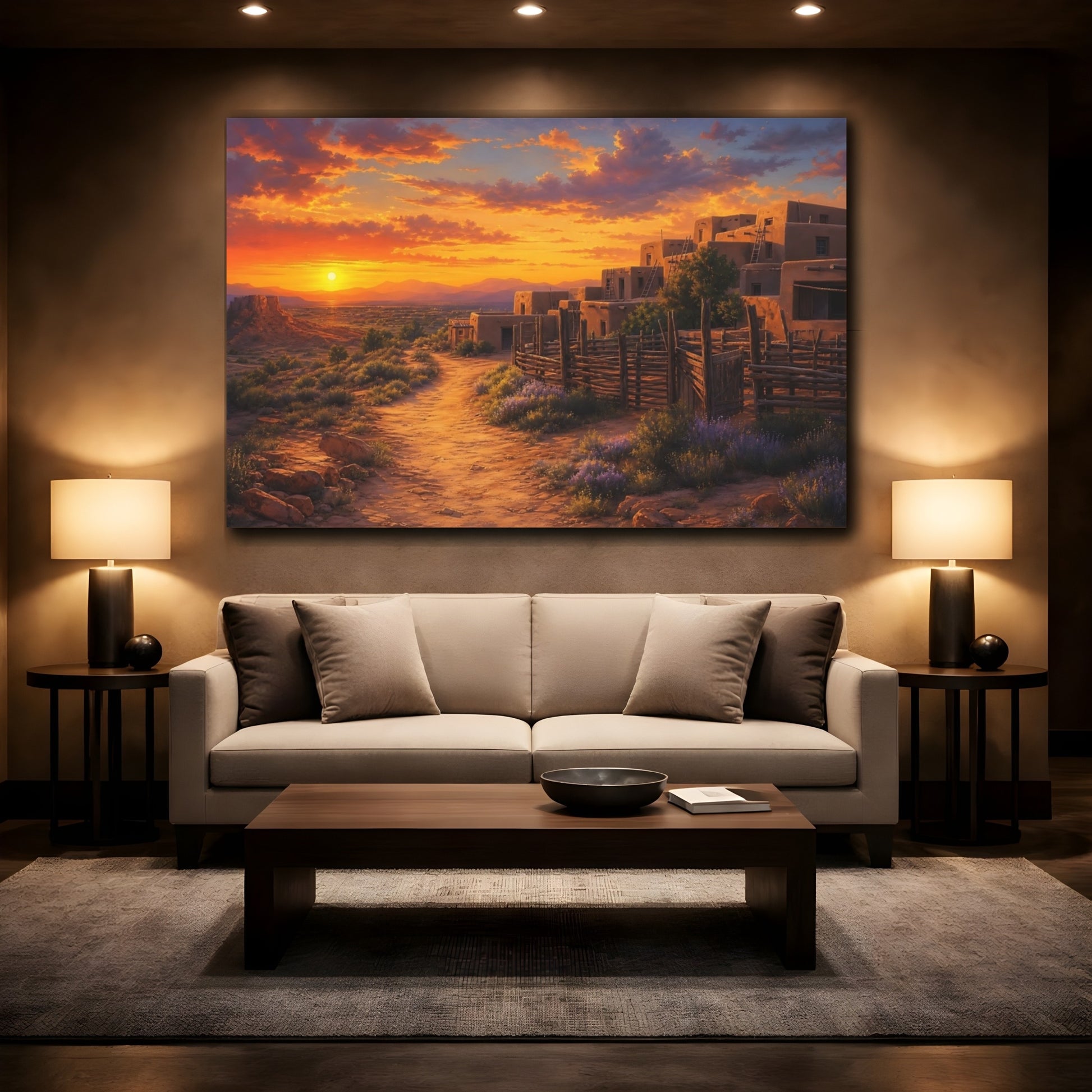 Mockup 2. Nature Desert Pueblo Southwest Sunset shown as stretched canvas wall art