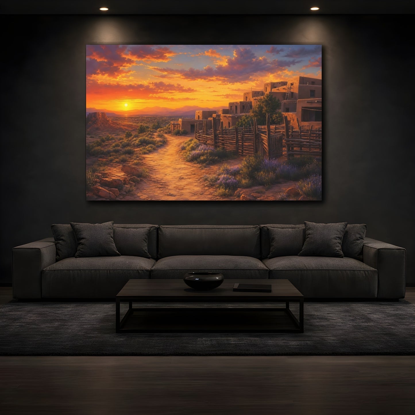 Mockup 3. Nature Desert Pueblo Southwest Sunset shown as stretched canvas wall art