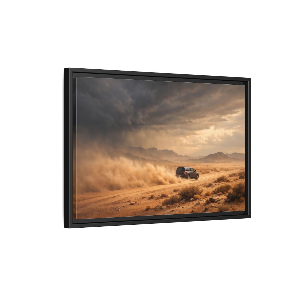 Side Mockup 3. Nature Desert Suv Brown And Orange shown as stretched canvas wall art