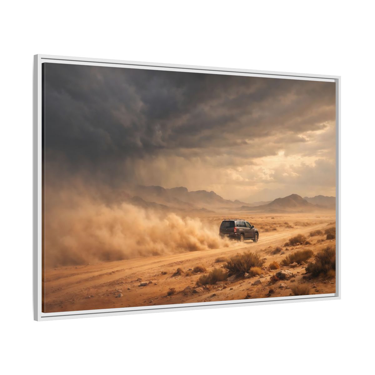 Side Mockup 7. Nature Desert Suv Brown And Orange shown as stretched canvas wall art