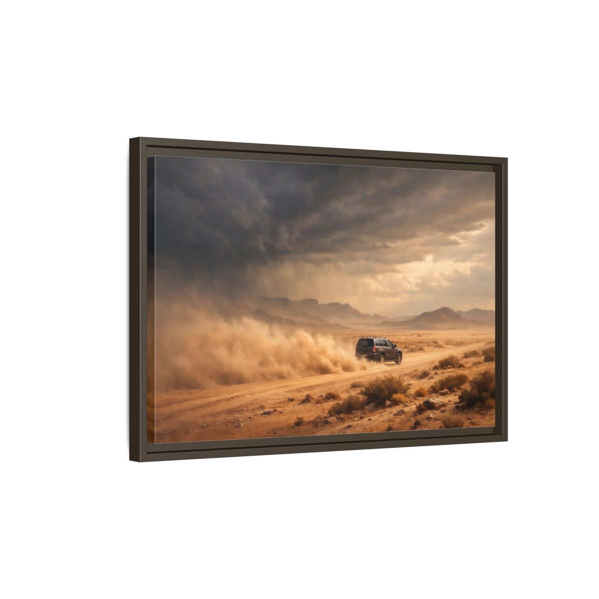 Side Mockup 2. Nature Desert Suv Brown And Orange shown as stretched canvas wall art