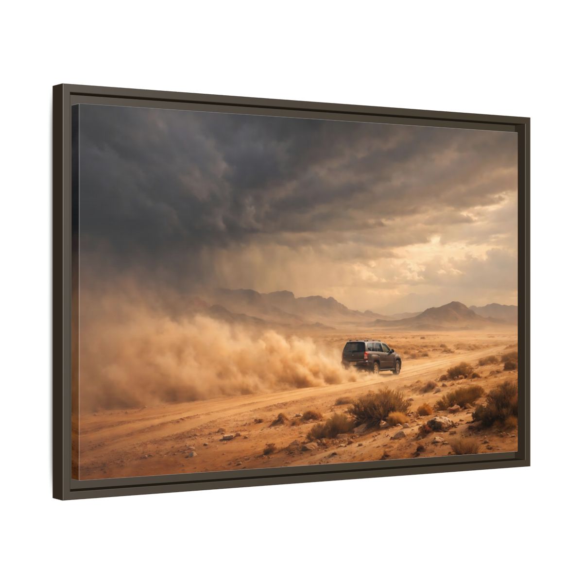 Side Mockup 11. Nature Desert Suv Brown And Orange shown as stretched canvas wall art