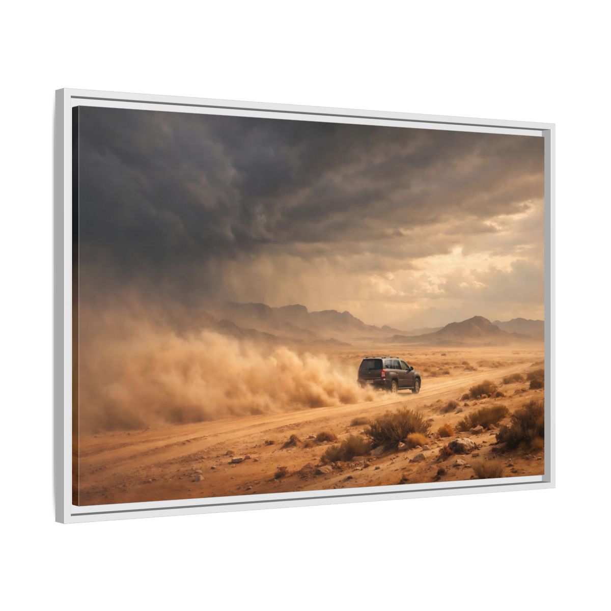 Side Mockup 9. Nature Desert Suv Brown And Orange shown as stretched canvas wall art