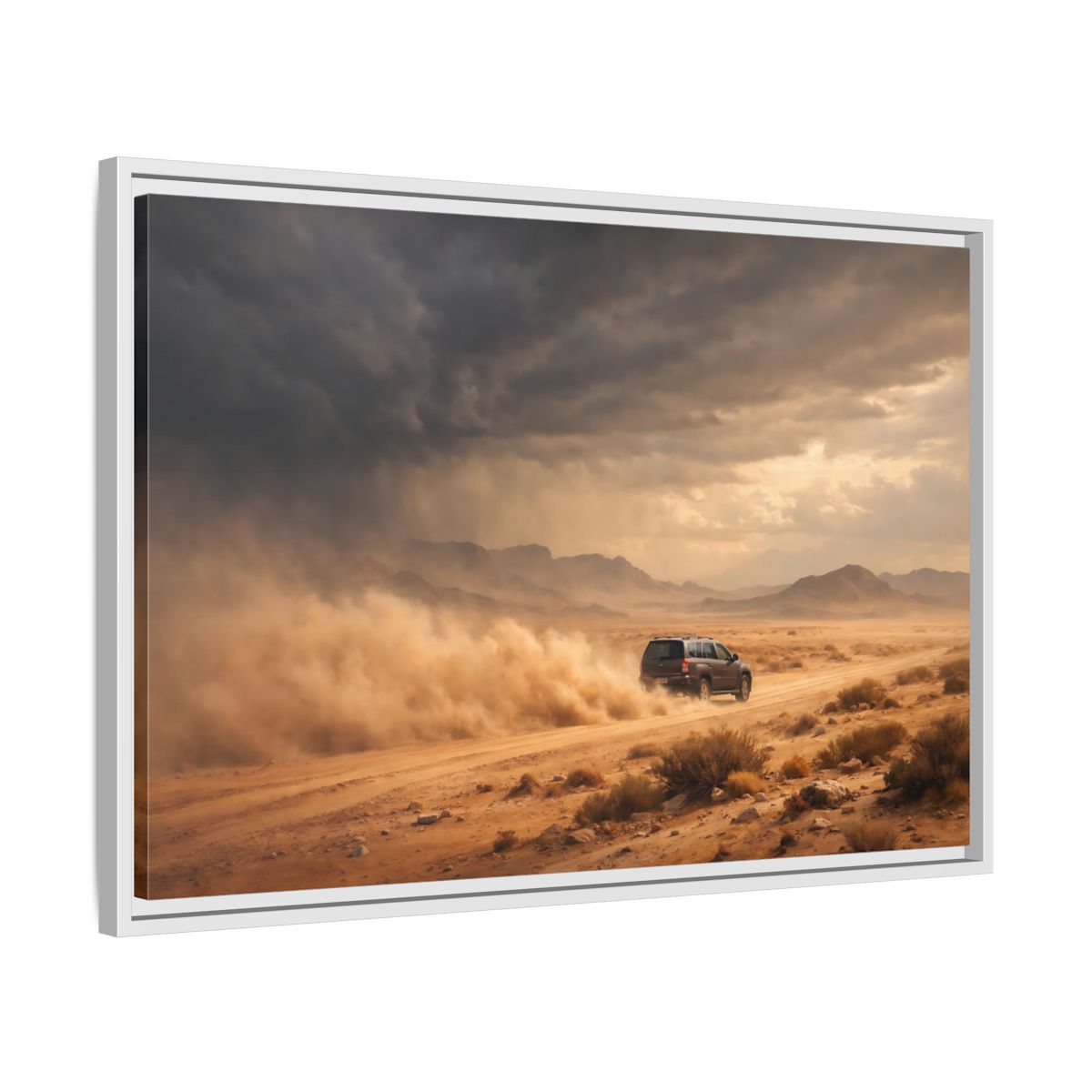 Side Mockup 10. Nature Desert Suv Brown And Orange shown as stretched canvas wall art