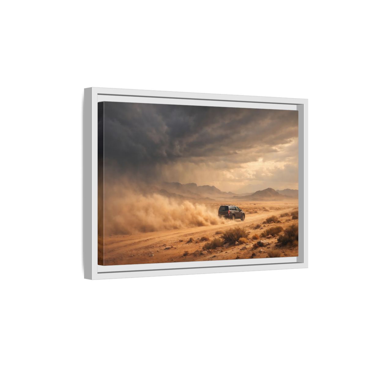 Side Mockup 4. Nature Desert Suv Brown And Orange shown as stretched canvas wall art