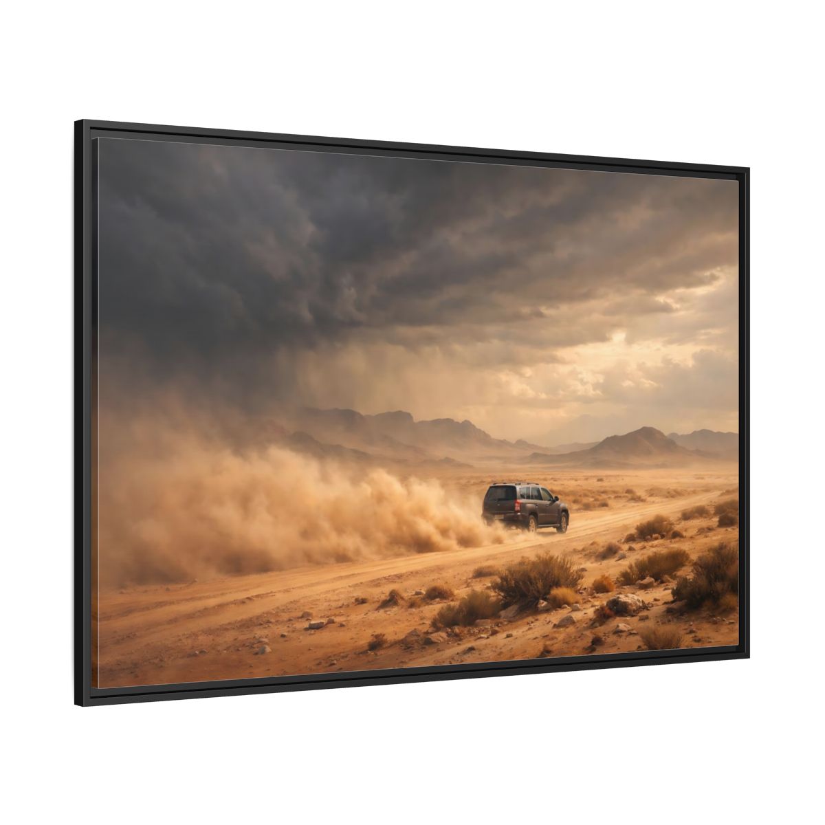 Side Mockup 12. Nature Desert Suv Brown And Orange shown as stretched canvas wall art