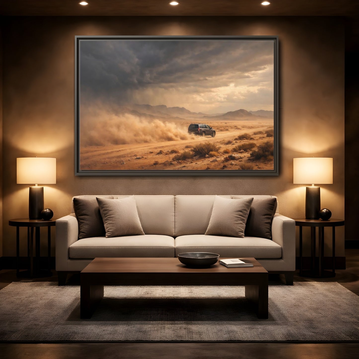 Mockup 2. Nature Desert Suv Brown And Orange shown as stretched canvas wall art