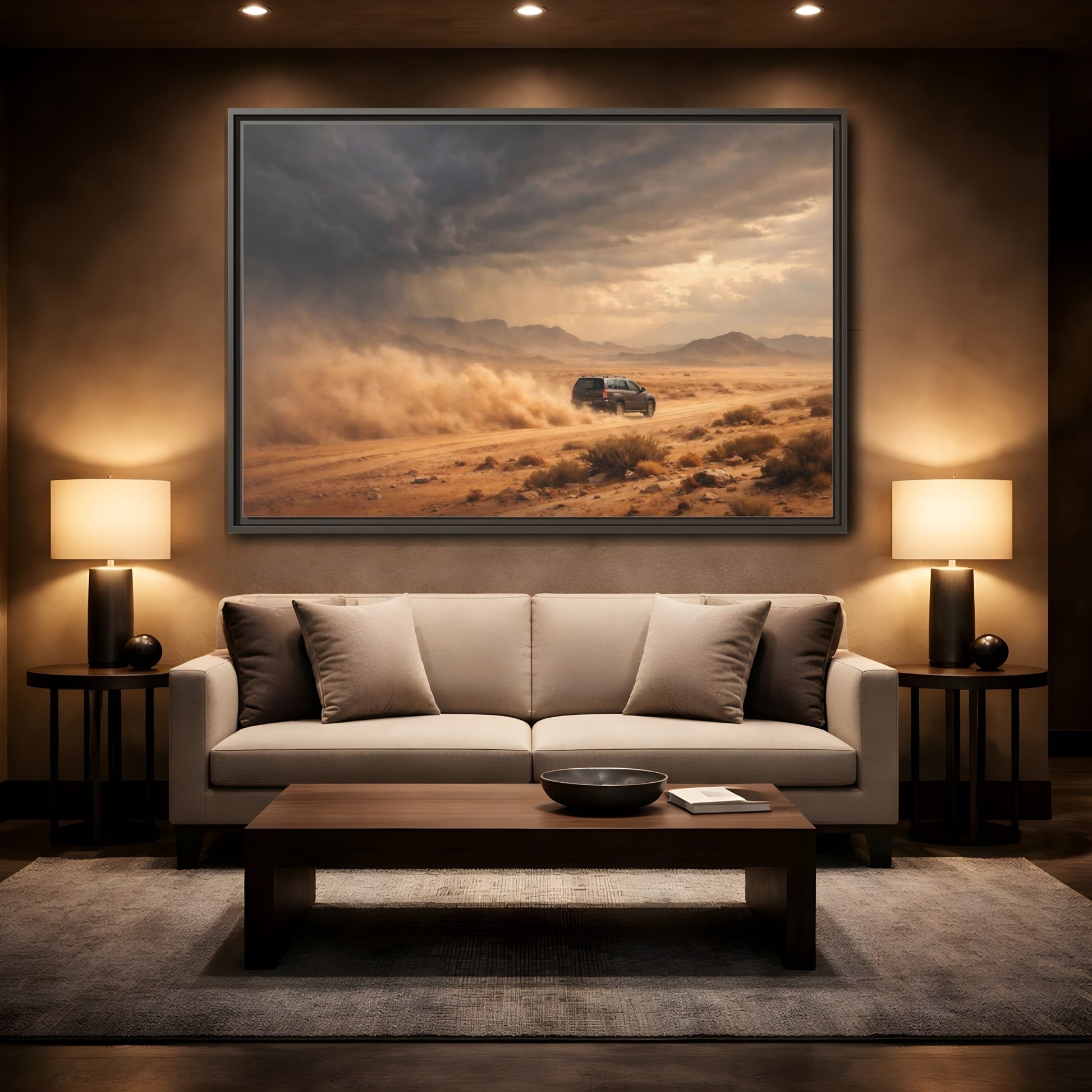 Mockup 2. Nature Desert Suv Brown And Orange shown as stretched canvas wall art