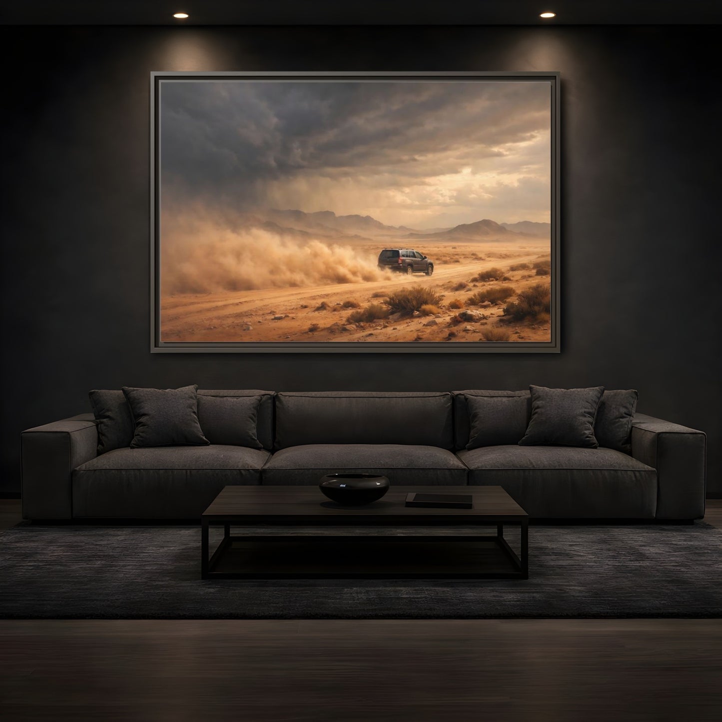 Mockup 3. Nature Desert Suv Brown And Orange shown as stretched canvas wall art