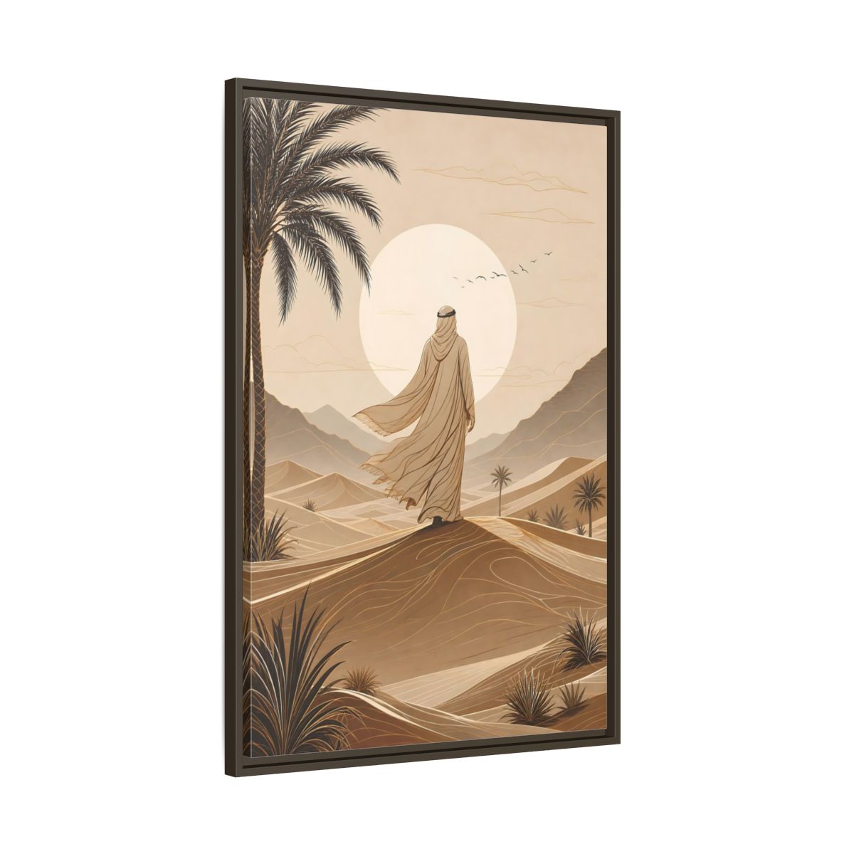 Brown Beige Desert Traveler Gallery-Wrapped Canvas Wall Art Print - Illustrative Living Room Wall Decor shown as canvas wall art