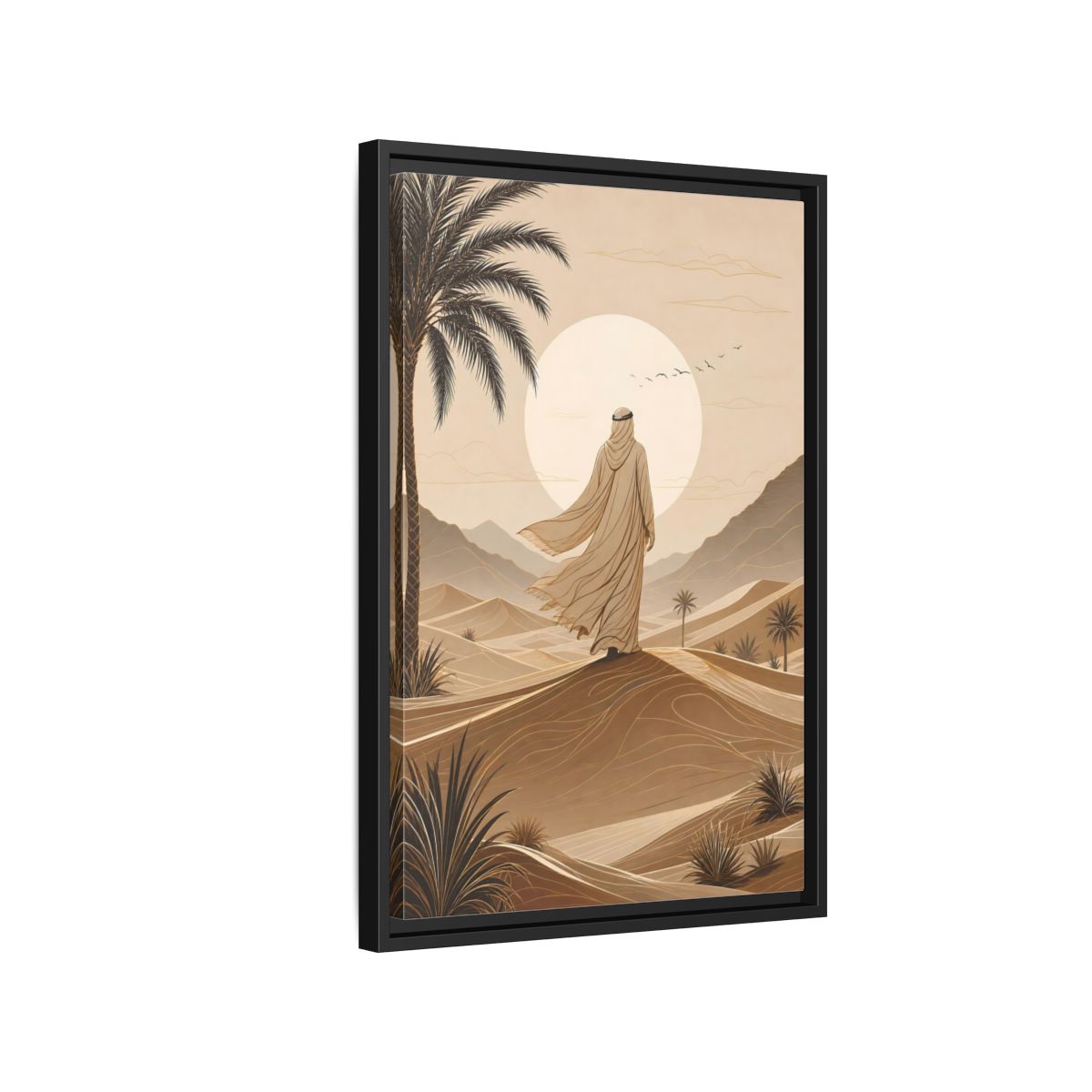 Brown Beige Desert Traveler Gallery-Wrapped Canvas Wall Art Print - Illustrative Living Room Wall Decor shown as canvas wall art
