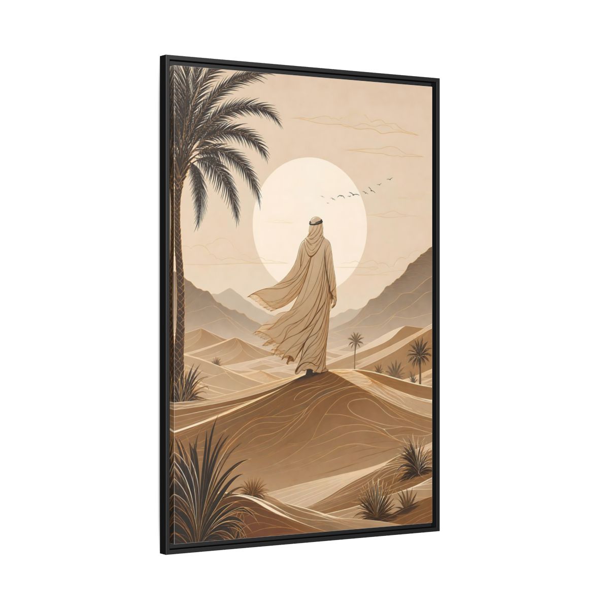 Brown Beige Desert Traveler Gallery-Wrapped Canvas Wall Art Print - Illustrative Living Room Wall Decor shown as canvas wall art