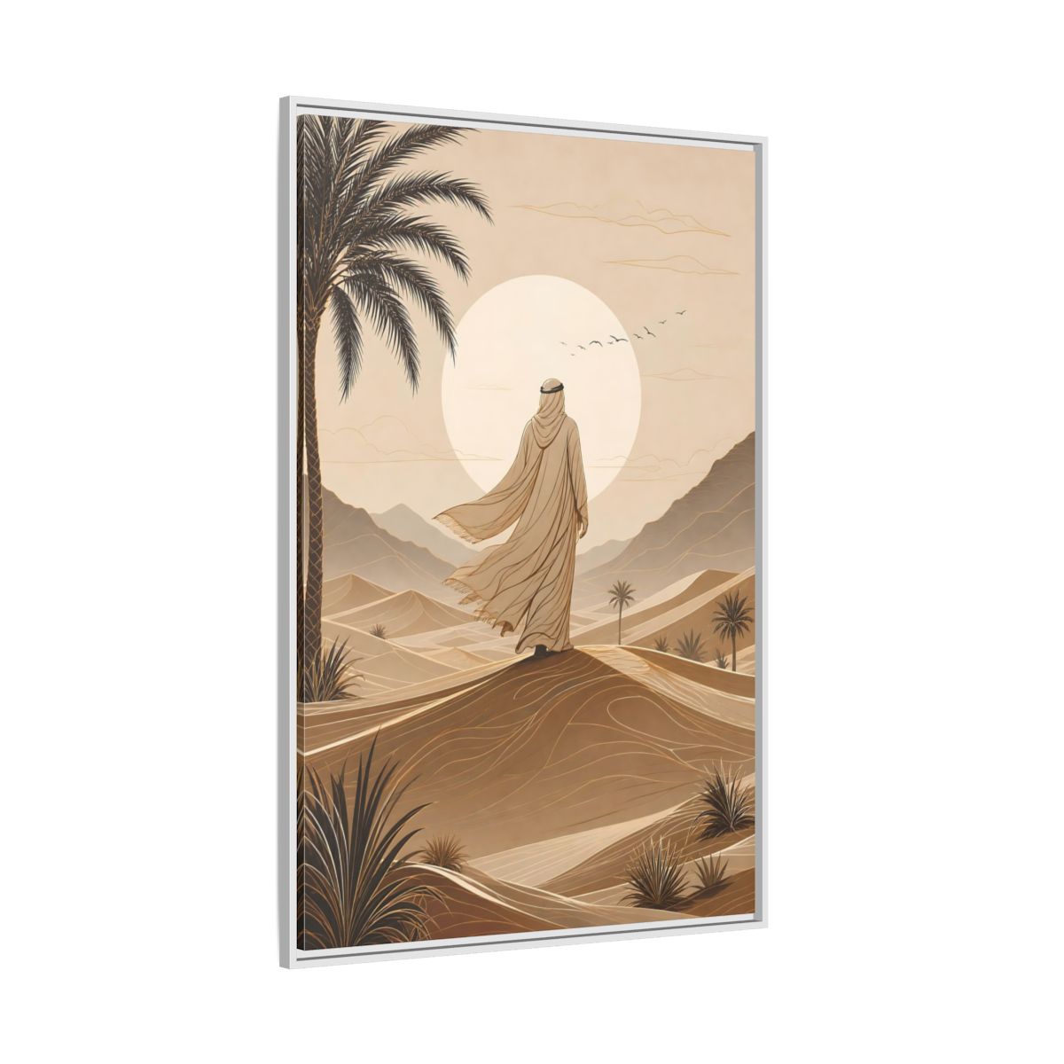 Brown Beige Desert Traveler Gallery-Wrapped Canvas Wall Art Print - Illustrative Living Room Wall Decor shown as canvas wall art