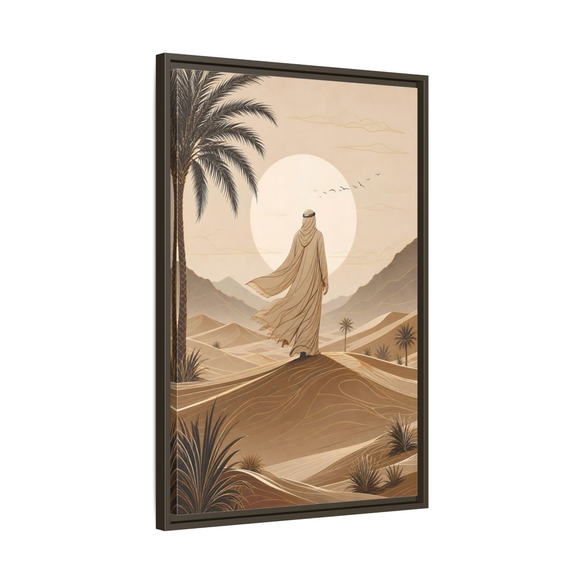 Brown Beige Desert Traveler Gallery-Wrapped Canvas Wall Art Print - Illustrative Living Room Wall Decor shown as canvas wall art