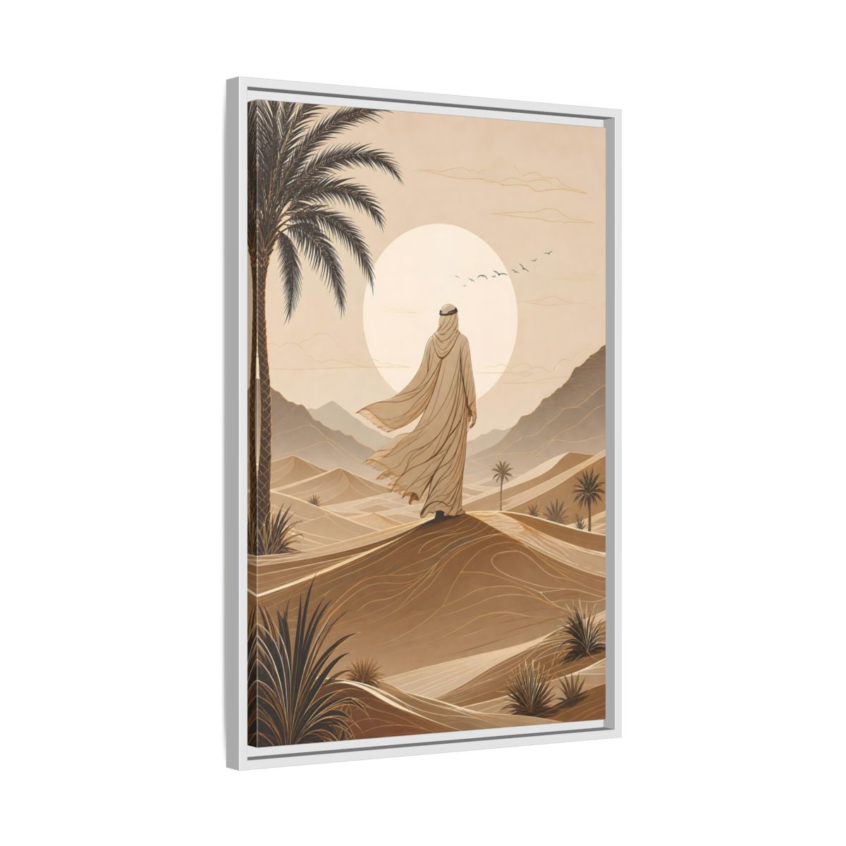 Brown Beige Desert Traveler Gallery-Wrapped Canvas Wall Art Print - Illustrative Living Room Wall Decor shown as canvas wall art