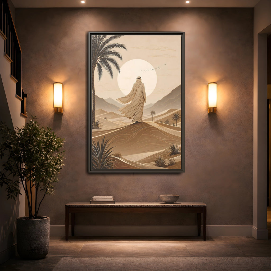 Mockup 2. Nature Desert Traveler Brown And Beige shown as stretched canvas wall art