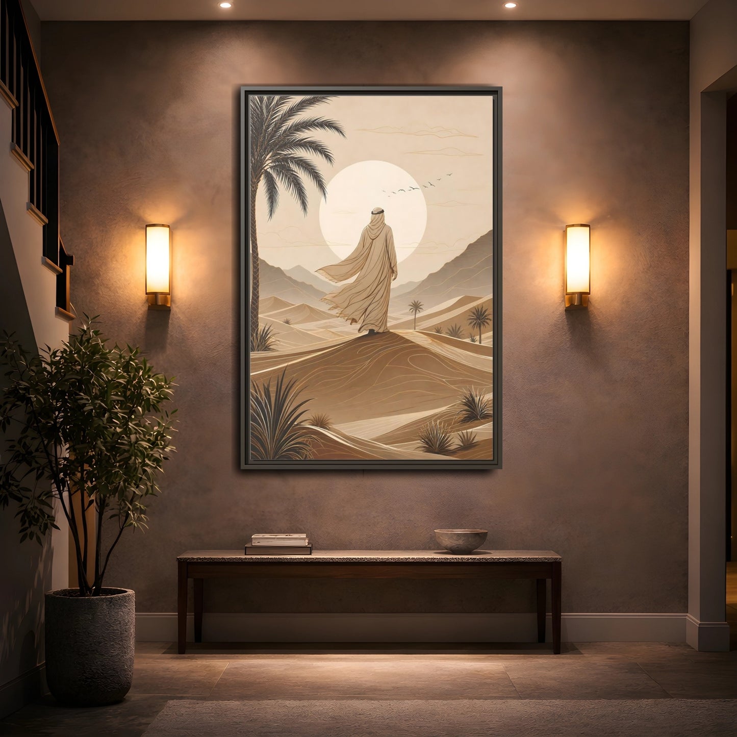 Brown Beige Desert Traveler Gallery-Wrapped Canvas Wall Art Print - Illustrative Living Room Wall Decor shown as canvas wall art