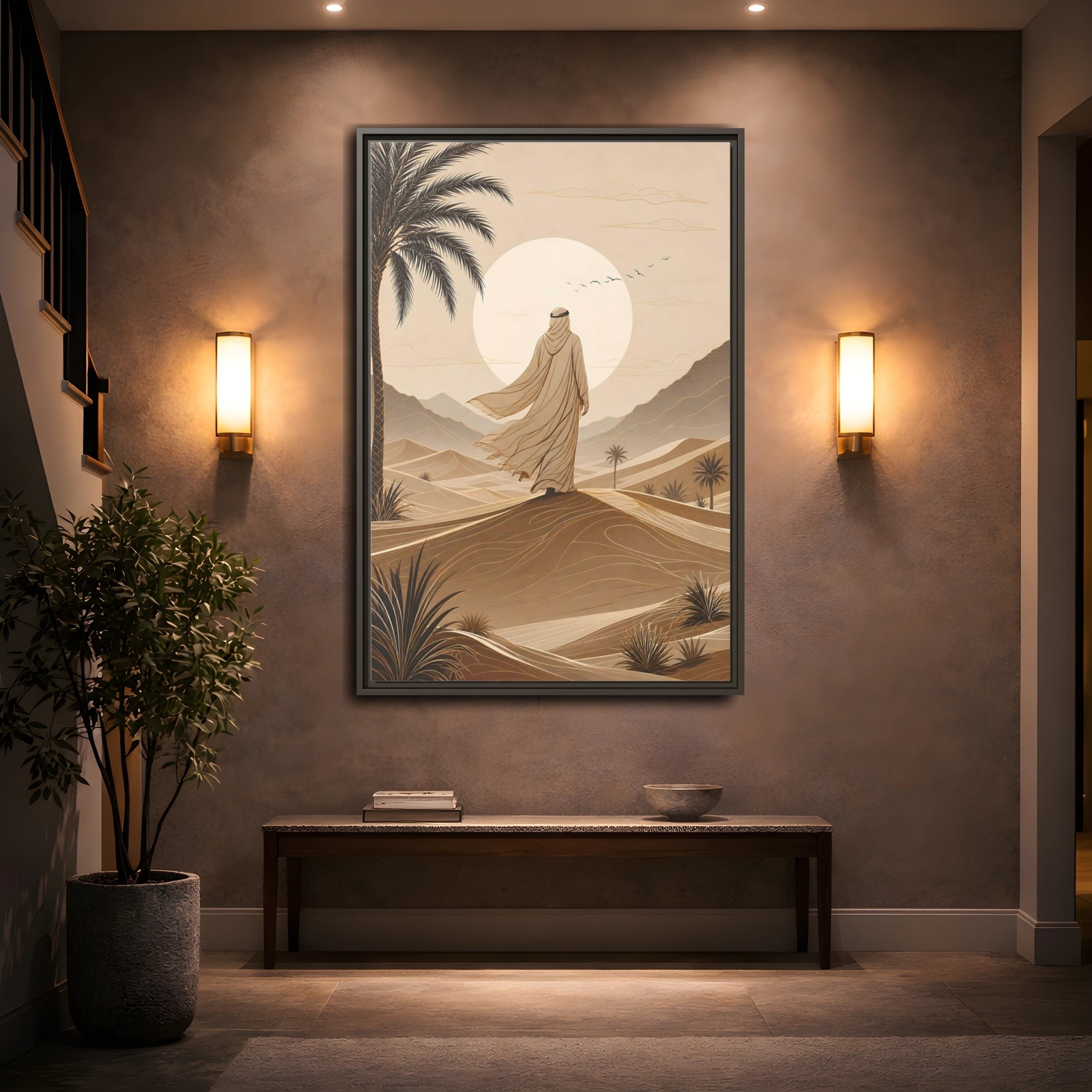 Mockup 2. Nature Desert Traveler Brown And Beige shown as stretched canvas wall art