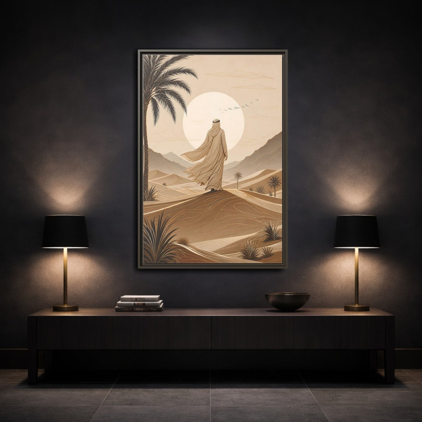 Brown Beige Desert Traveler Gallery-Wrapped Canvas Wall Art Print - Illustrative Living Room Wall Decor shown as canvas wall art