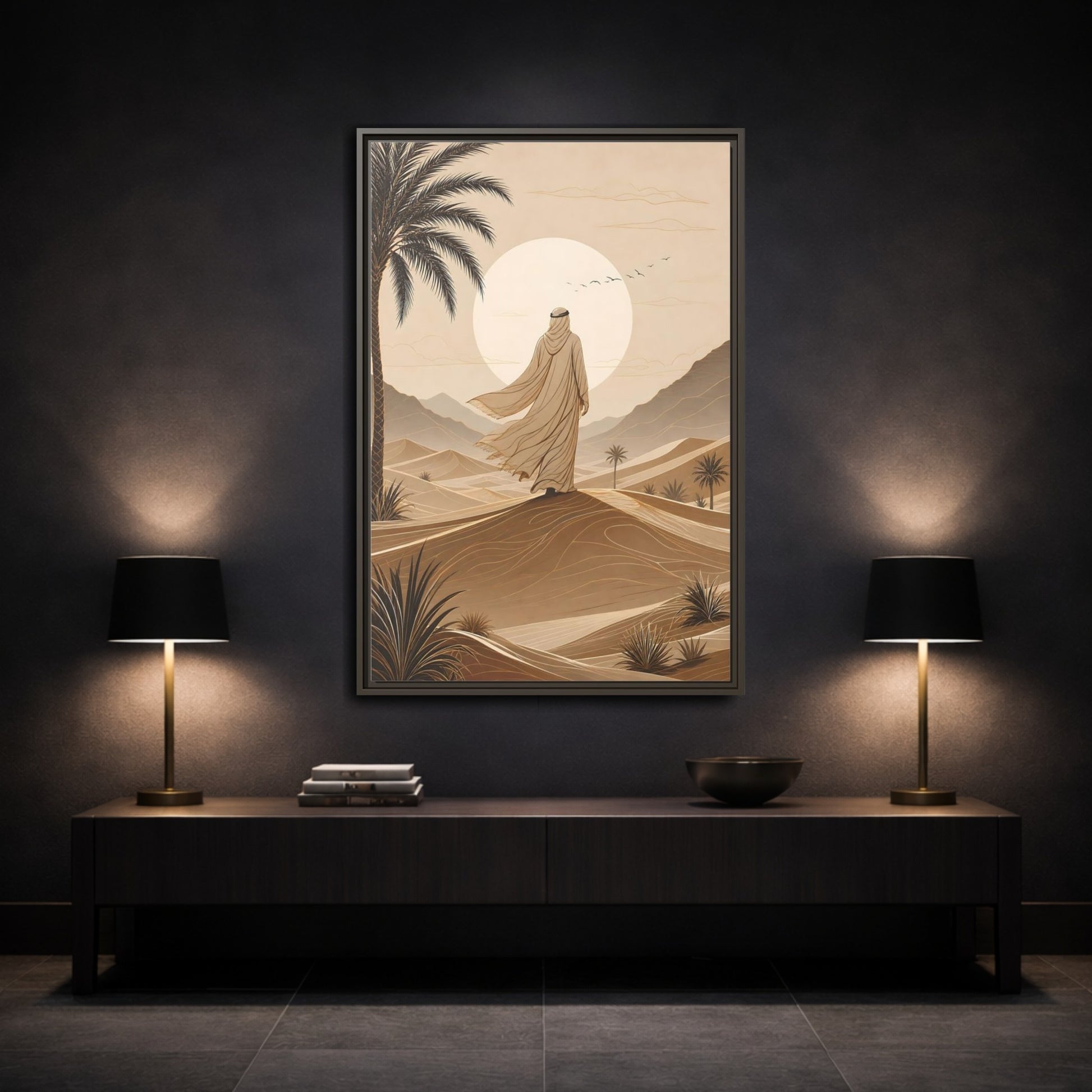 Brown Beige Desert Traveler Gallery-Wrapped Canvas Wall Art Print - Illustrative Living Room Wall Decor shown as canvas wall art
