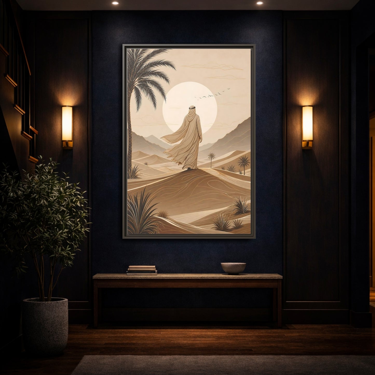 Brown Beige Desert Traveler Gallery-Wrapped Canvas Wall Art Print - Illustrative Living Room Wall Decor shown as canvas wall art