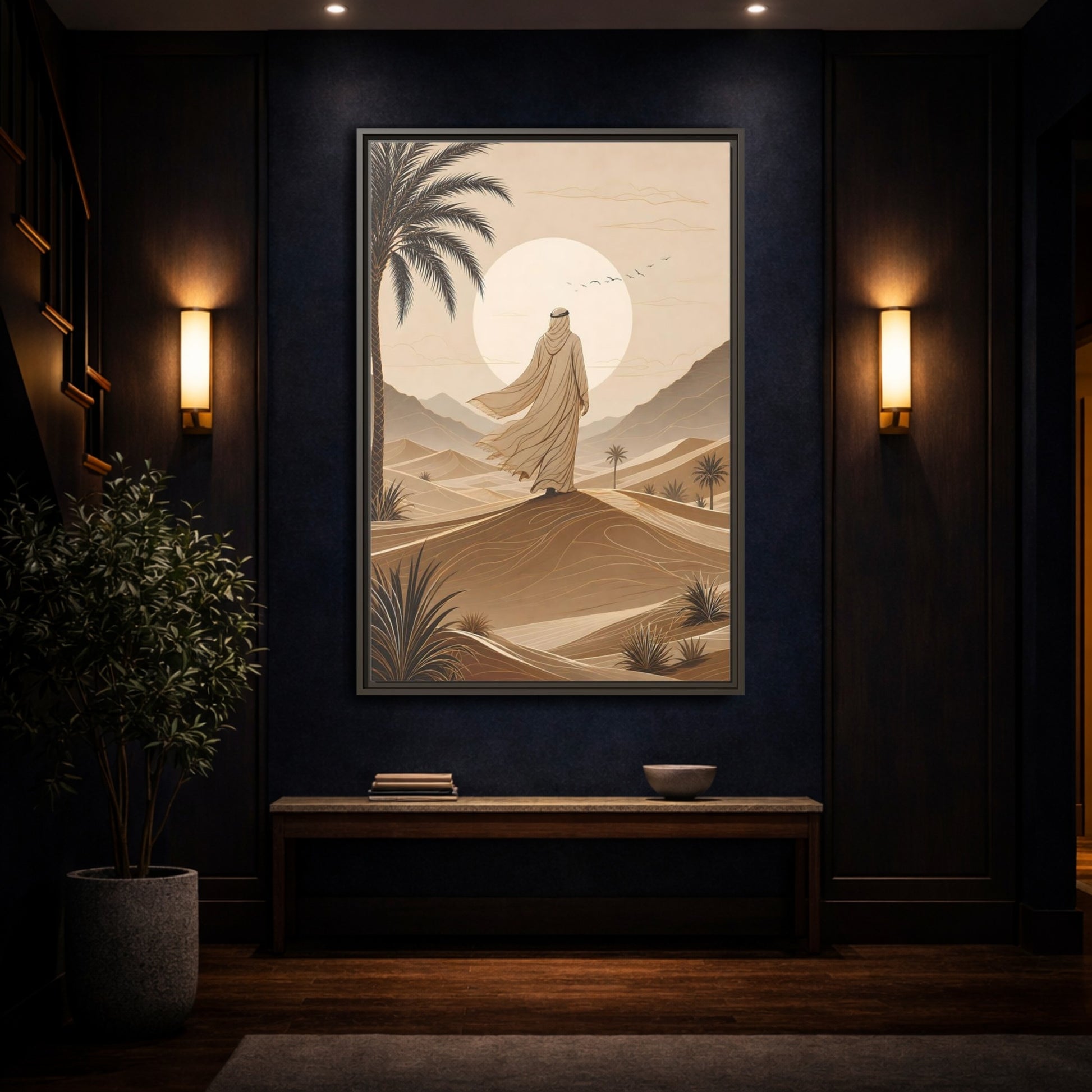 Brown Beige Desert Traveler Gallery-Wrapped Canvas Wall Art Print - Illustrative Living Room Wall Decor shown as canvas wall art