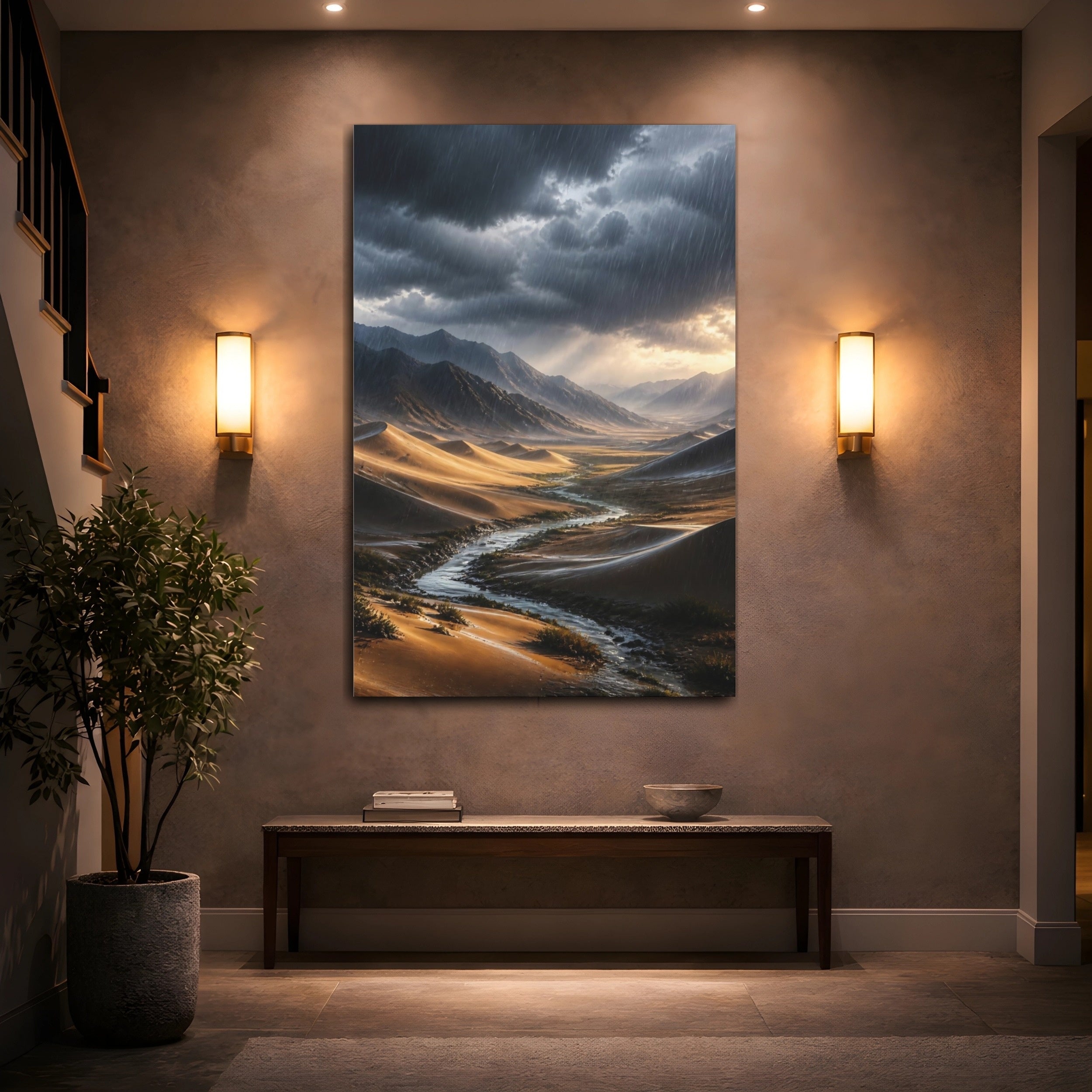 Mockup 2. Nature Desert Valley Rainy Desert Landscape shown as stretched canvas wall art