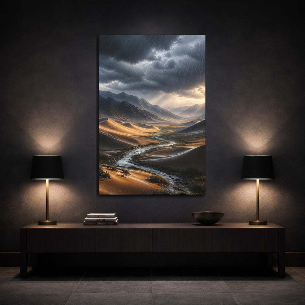 Mockup 3. Nature Desert Valley Rainy Desert Landscape shown as stretched canvas wall art
