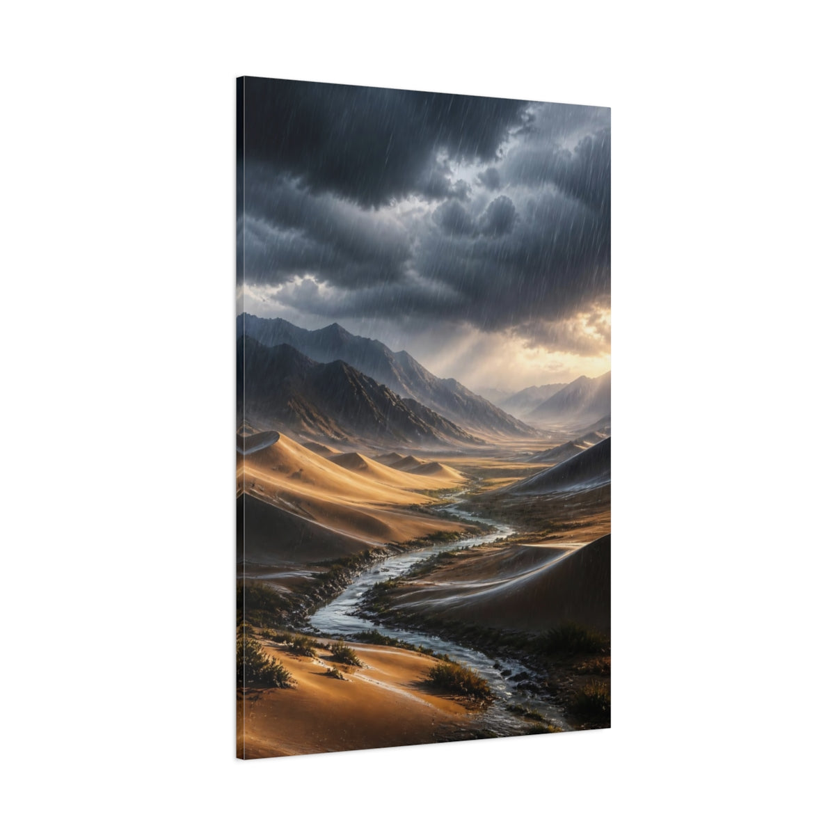 Side Mockup 1. Nature Desert Valley Rainy Desert Landscape shown as stretched canvas wall art