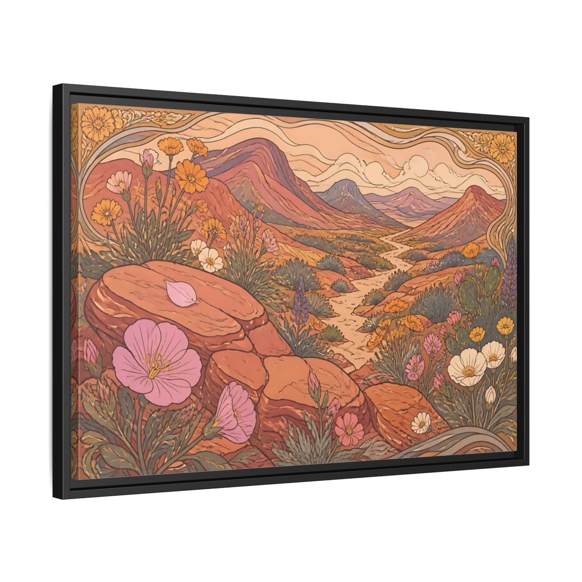 Side Mockup 14. Nature Desert Wildflowers shown as framed canvas print