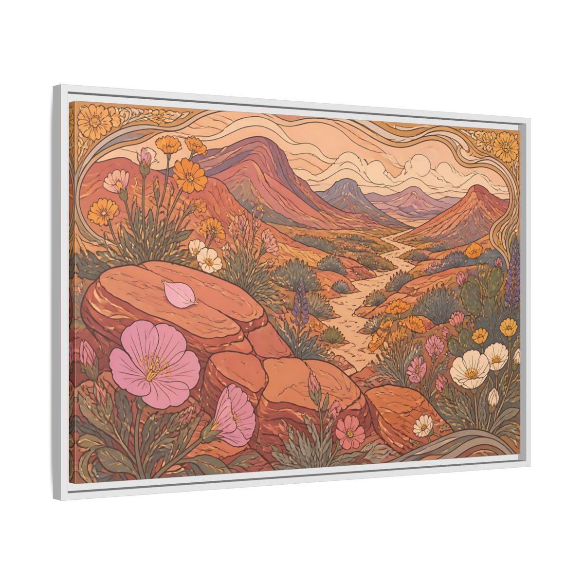 Side Mockup 9. Nature Desert Wildflowers shown as framed canvas print