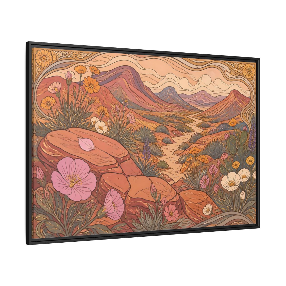 Side Mockup 12. Nature Desert Wildflowers shown as framed canvas print
