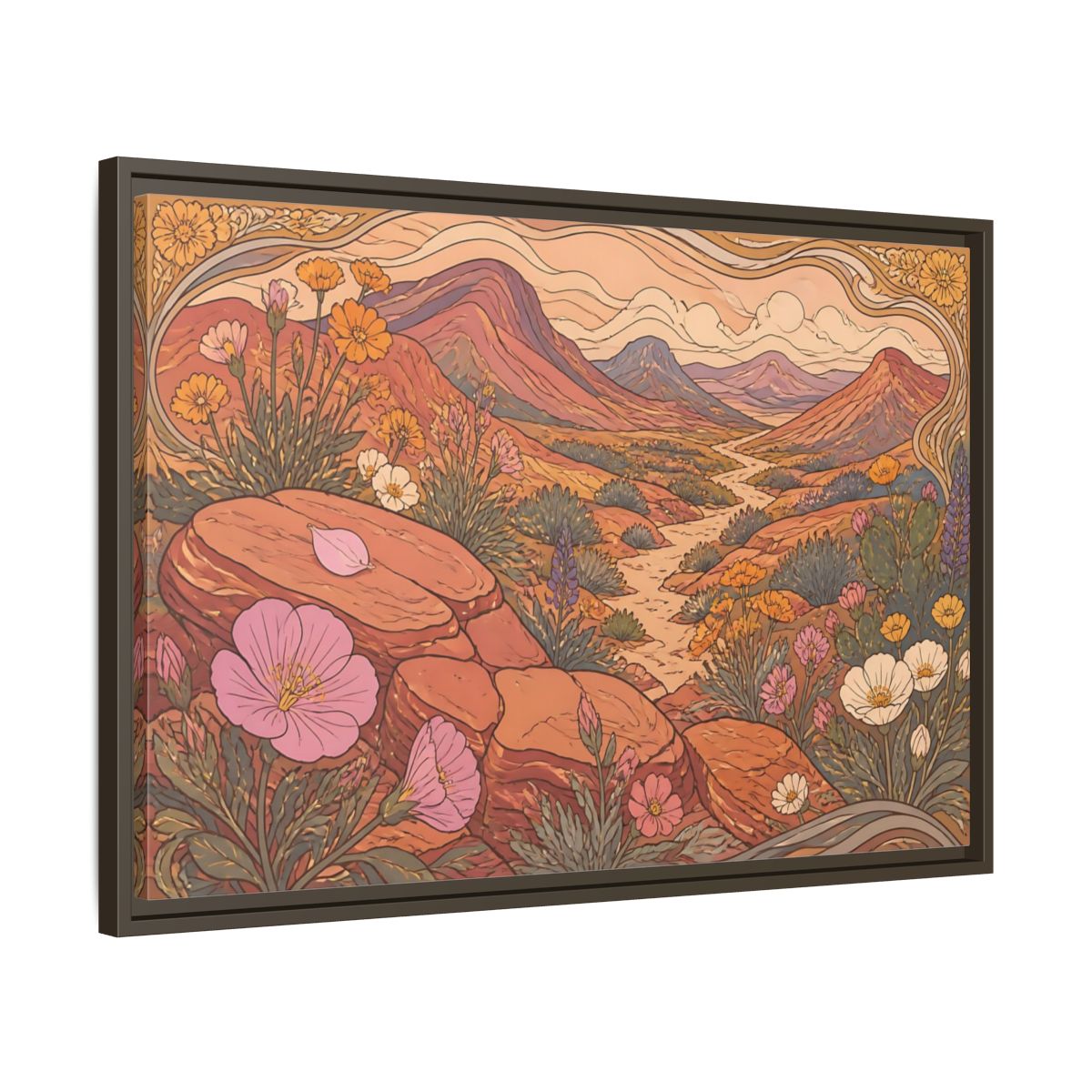 Side Mockup 11. Nature Desert Wildflowers shown as framed canvas print