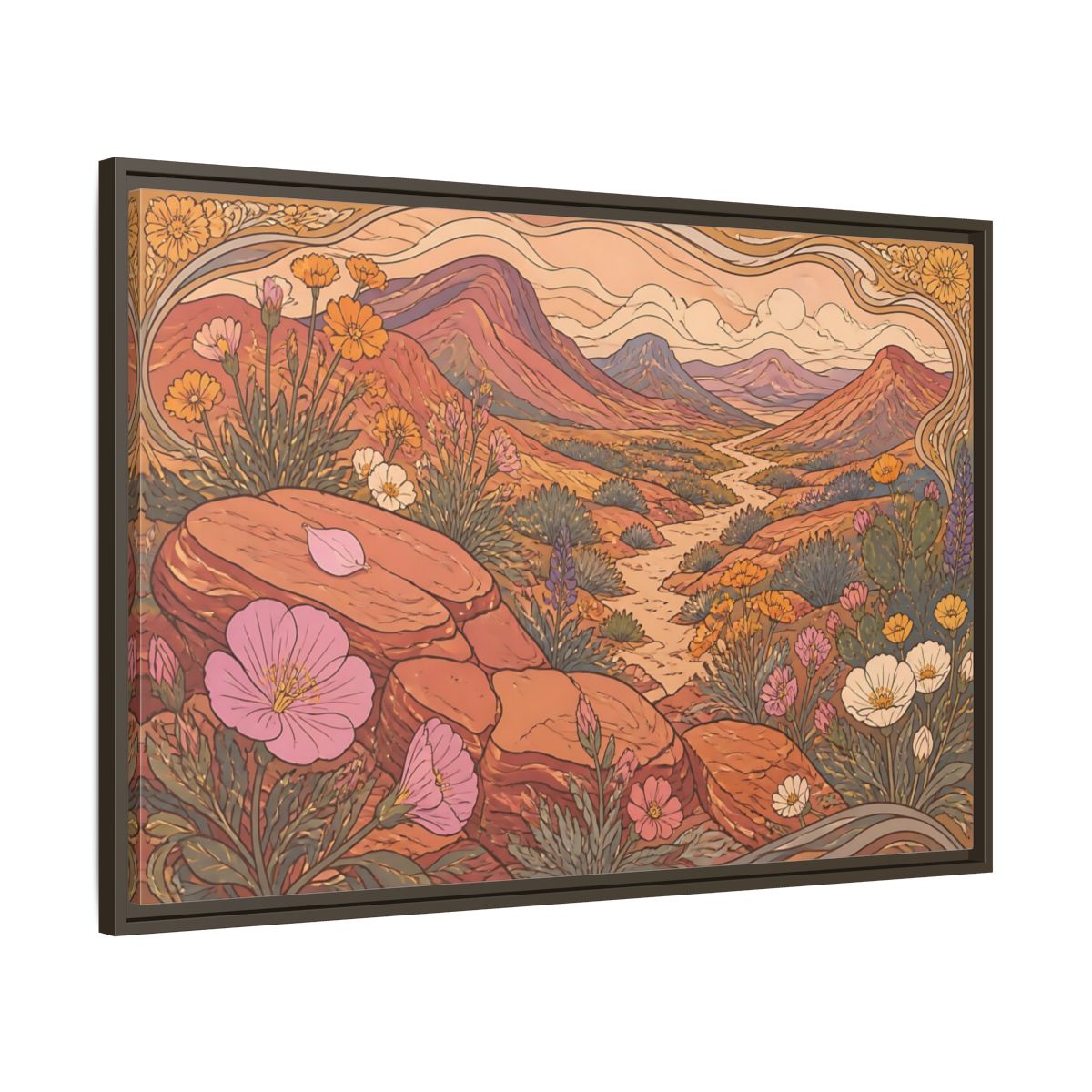Main Mockup. Nature Desert Wildflowers shown as framed canvas print