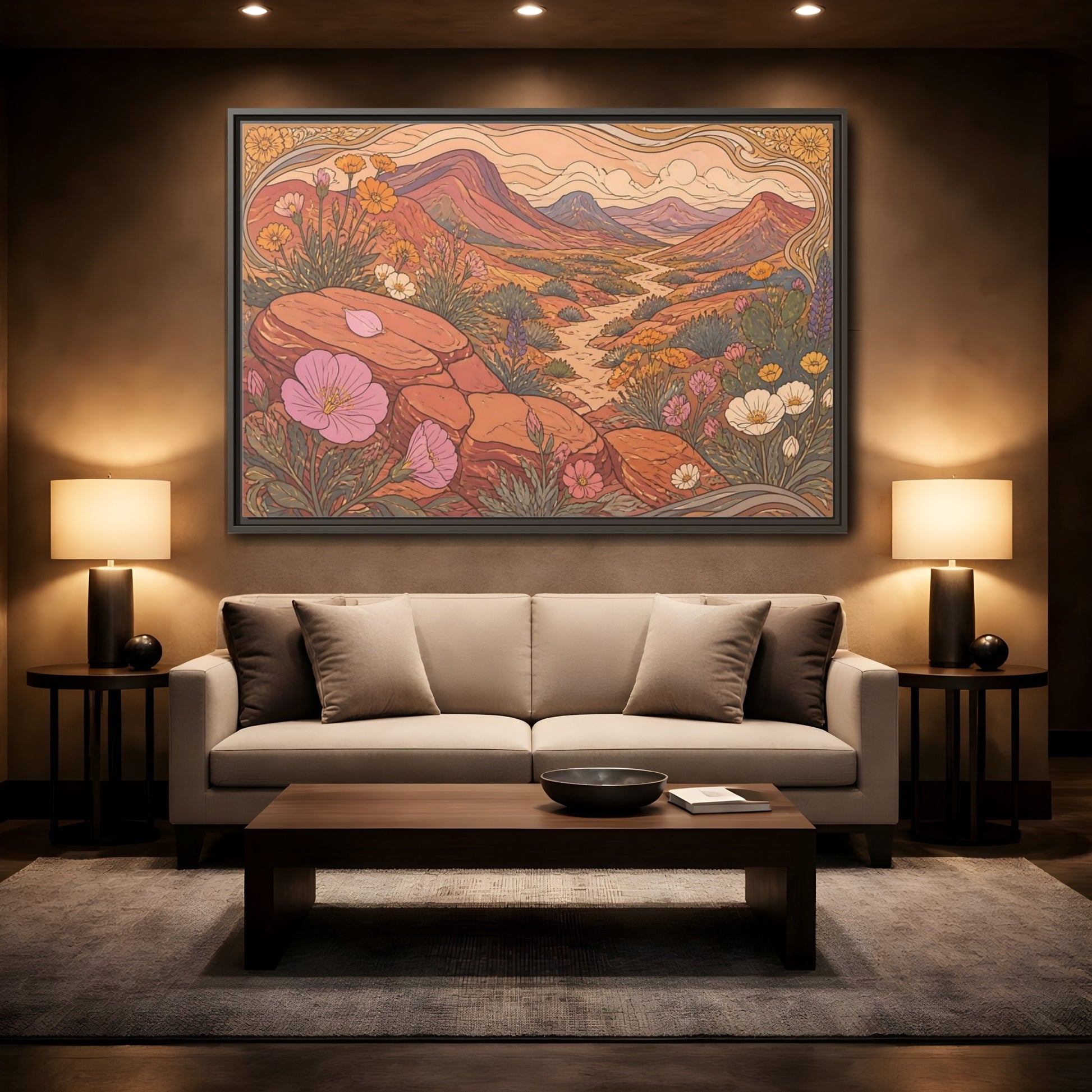 Mockup 2. Nature Desert Wildflowers shown as framed canvas print