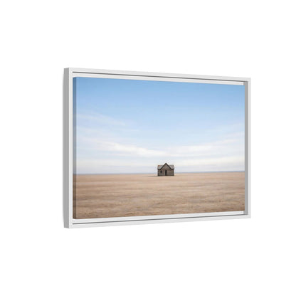 Side Mockup 1. Nature Deserted House Blue And Brown Landscape shown as stretched canvas wall art