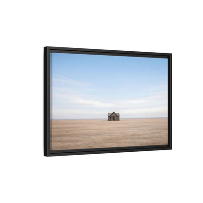 Side Mockup 3. Nature Deserted House Blue And Brown Landscape shown as stretched canvas wall art